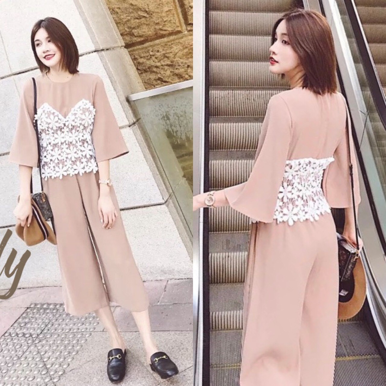 เสื้อผ้าแฟชั่นเกาหลี พร้อมส่ง จั๊มสูท แต่งลูกไม้และลูกตุ้มอก