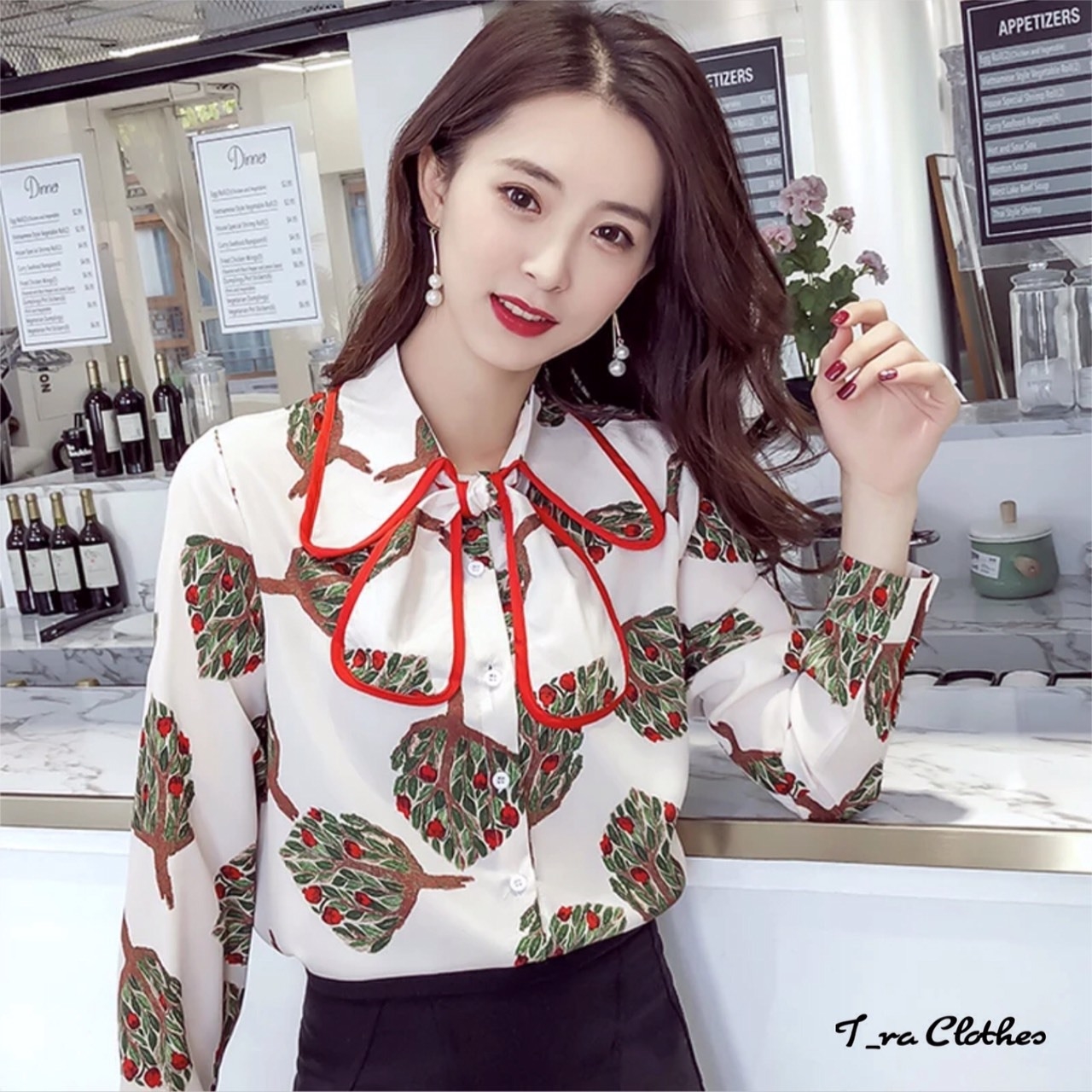 เสื้อเกาหลี พร้อมส่ง เสื้อเชิ้ต คอผูกโชว์