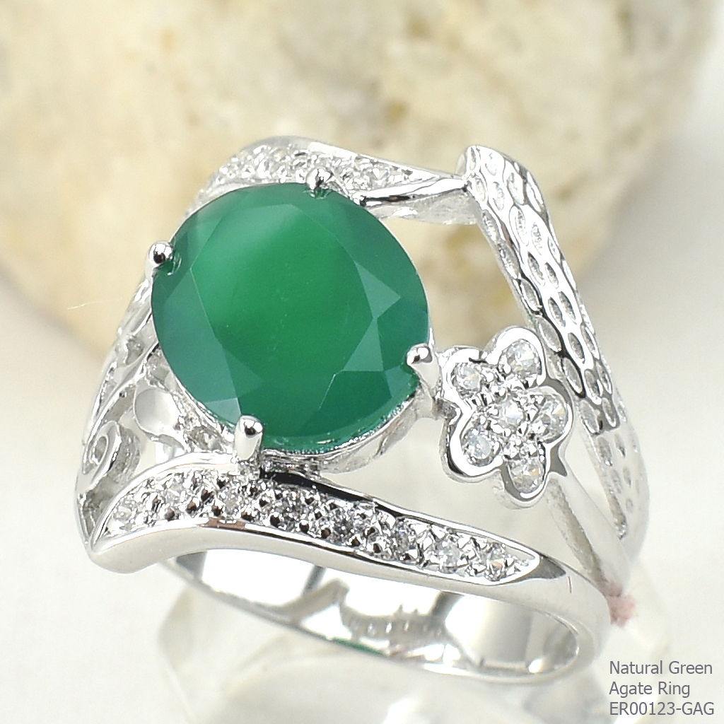 SKJewelryFactory แหวนดีไซน์ ลายใบไม้ เงินแท้ 92.5% ฝังพลอยกรีนอะเกทแท้ ER00123-GAG