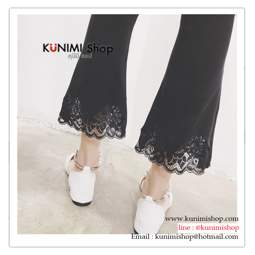 กางเกงขากระดิ่งห้าส่วน สีดำ ปลายขาแต่งผ้าลูกไม้สวยหวาน เอวยางยืด ตามขนาด ทรงสวยคะ