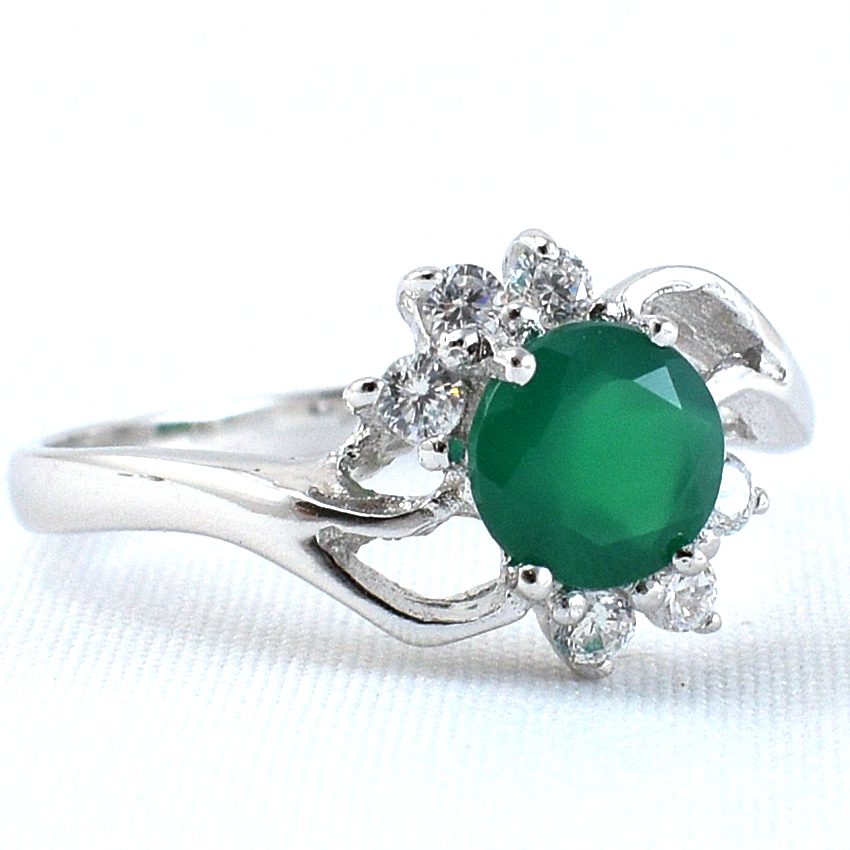 SKJewelryFactory แหวนพลอยกลมล้อมเพชร แหวนเงินแท้ 92.5% ฝังพลอยกรีนอะเกทแท้ ER01653-GAG