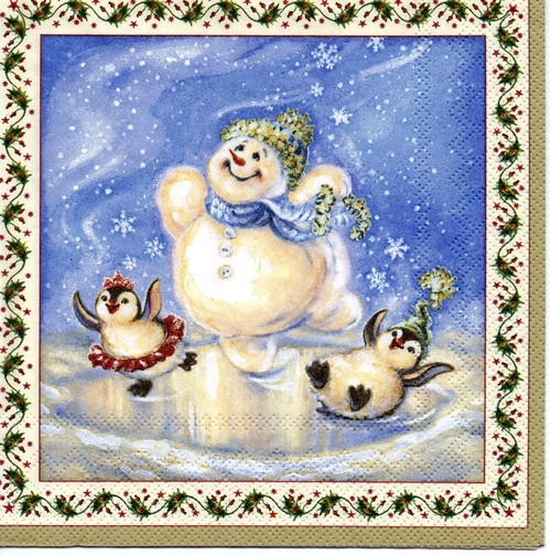 แนวภาพ คริสต์มาส Snowman Dancing ตุ๊กตาหิมะ เป็นภาพบล็อค 4 กระดาษแนพกิ้นสำหรับทำงาน เดคูพาจ Decoupage Paper Napkins ขนาด 33X33cm