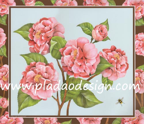 กระดาษสาพิมพ์ลาย สำหรับทำงาน เดคูพาจ Decoupage แนวภาำพ ภาพวาด ดอกโบตั๋นบานเต็มที่สีชมพูหลายดอก บนพื้นหลังสีฟ้า สวยมาก (ปลาดาวดีไซน์)