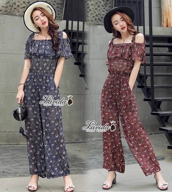 เสื้อผ้าเกาหลี พร้อมส่ง จั้มสูท ขายาว ปาดไหล่แขนระบาย
