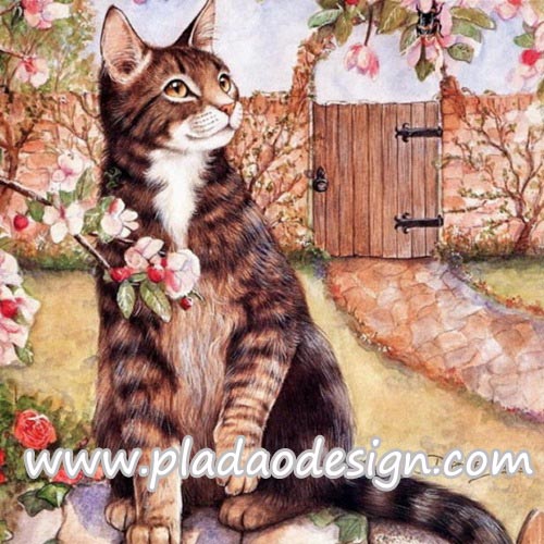 กระดาษสาพิมพ์ลาย สำหรับทำงาน เดคูพาจ Decoupage แนวภาพ แมวญี่ปุ่นตัวใหญ่นั่งชะเง้อมองดอกท้อสีชมพู