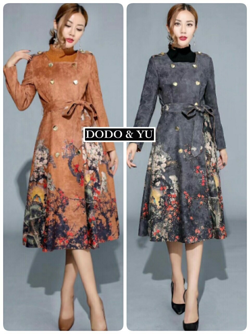 เสื้อผ้าเกาหลี พร้อมส่ง เสื้อคลุมกึ่งเดรส ผ้าสักหลาด