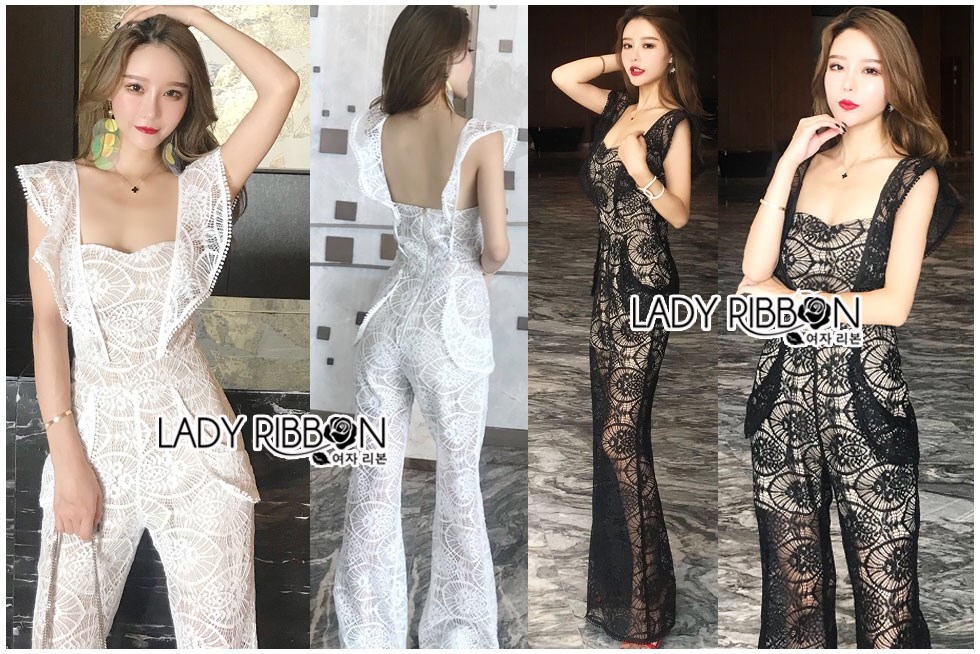 เสื้อผ้าเกาหลี พร้อมส่ง จัมป์สูท ผ้าลูกไม้ตกแต่งระบาย