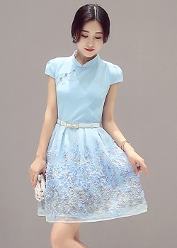 พร้อมส่ง ชุดเดรสผ้าชีฟองคอจีน สีฟ้า