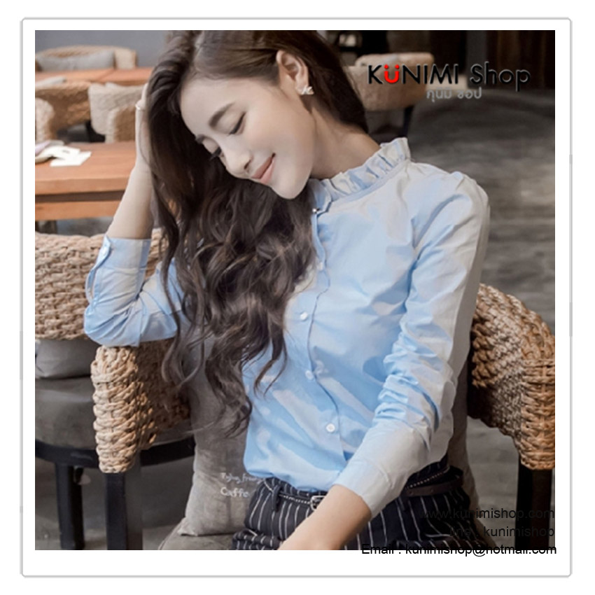 VJ003 เสื้อเชิ้ต คอเต๋าระบาย แขนยาว กระดุมผ่าหน้า มี 4 สี สีฟ้า สีชมพู สีขาว สีดำ งานสวย ใส่ได้หลายโอกาส