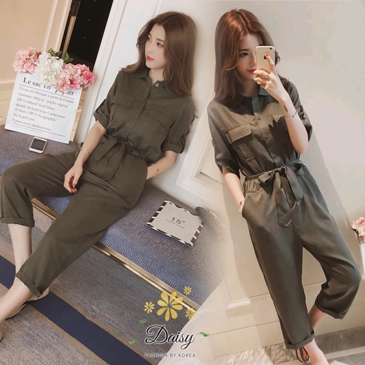 เสื้อผ้าเกาหลี พร้อมส่ง ชุดจั๊มสูท คอเชิ้ต