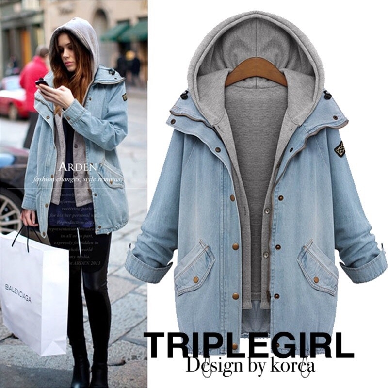 เสื้อผ้าเกาหลี พร้อมส่ง เสื้อแจ็คเก็ตยีนส์+เสื้อฮู้ดเทา