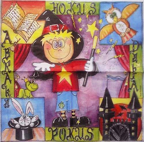 แนวภาพการ์ตูน นักมายากล Hocus Pocus เป็นภาพเต็มแผ่น กระดาษแนพกิ้นสำหรับทำงาน เดคูพาจ Decoupage Paper Napkins ขนาด 33X33cm