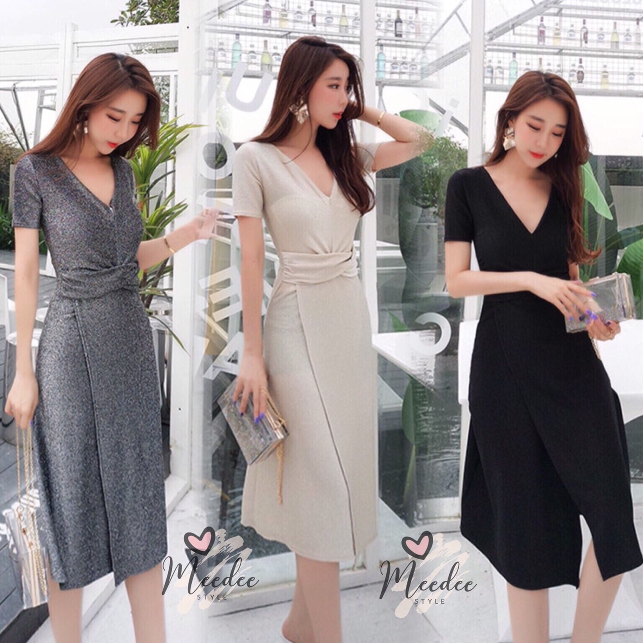 ชุดเดรสเกาหลี พร้อมส่ง เดรสทรงเอ ผ้าวิ้งสวยขับผิวออร่า