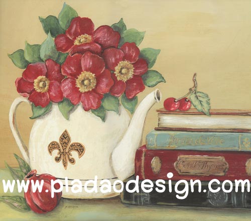 กระดาษสาพิมพ์ลาย สำหรับทำงาน เดคูพาจ Decoupage แนวภาำพ ภาพวาด ดอกไม้สีแดงดอกใหญ่หลายดอกปักอยู่ในกาน้ำกระเบื้องสีขาวใบใหญ่ื วางประดับบ้านอยู่บนตู้ (ปลาดาวดีไซน์)