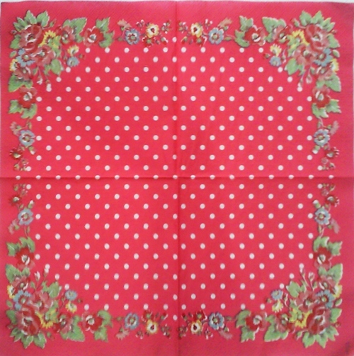 แนวภาพ Cath Kidston ดอกไม้ กุหลาบเข้ามุม ลายจุด พื้นแดง เป็นภาพเต็มแผ่น กระดาษแนพกิ้นสำหรับทำงาน เดคูพาจ Decoupage Paper Napkins ขนาด 33X33cm