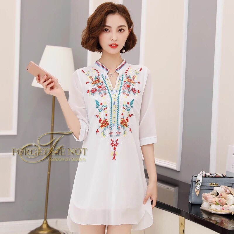 เดรสเกาหลี พร้อมส่ง Mini Dress คอกลม แขน 5 ส่วน