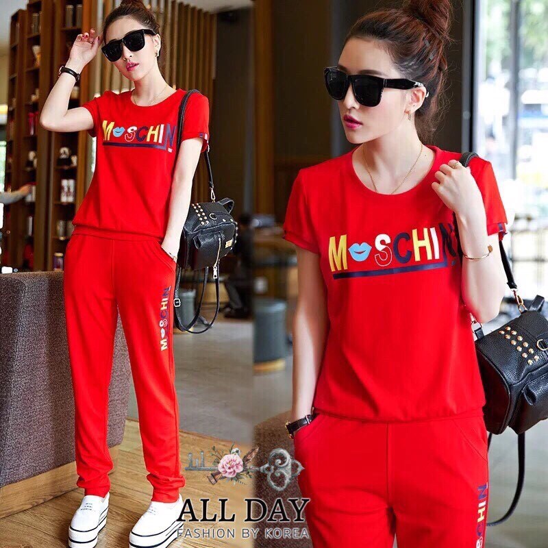 เสื้อผ้าเกาหลี พร้อมส่ง ชุดเซทเสื้อ+กางเกง ผ้ายืดคอตตอน