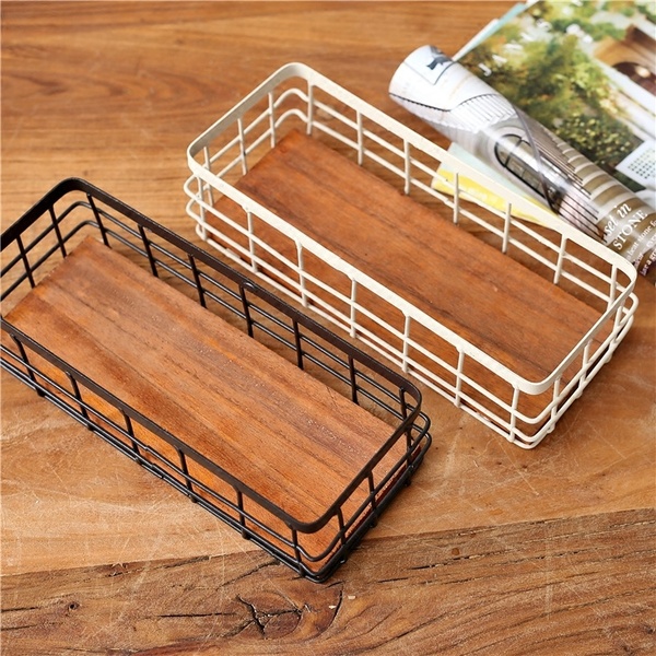 Pre-Order ตระกร้าจัดระเบียบ สีเหลียมผืนผ้า เหล็กโปร่ง พื้นไม้ Zakka มีสีครีมกับดำ ขนาด M-L