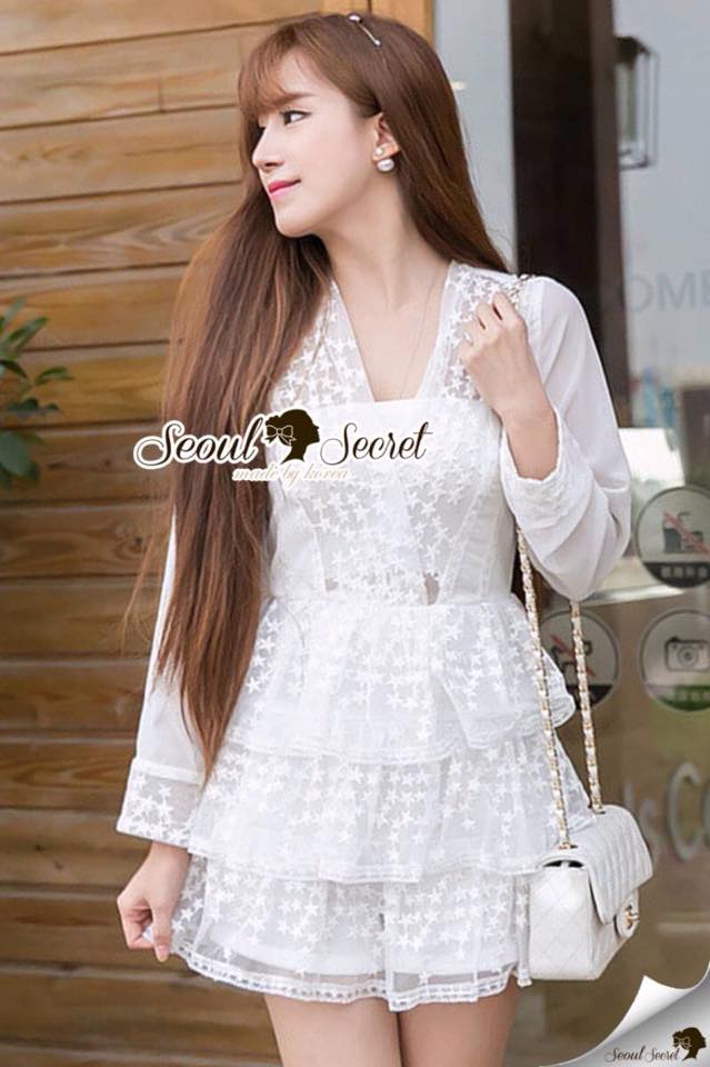 พร้อมส่ง เนื้อผ้า Chiffon เย็บแต่งด้วยเนื้อผ้าลูกไม้