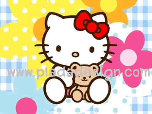 กระดาษสาพิมพ์ลาย สำหรับทำงาน เดคูพาจ Decoupage แนวภาำพ hello kitty อุ้มหมี เท็ดดี้ แบร์ มีฉากหลังเป็นดอกไม้ดอกใหญ่สีสด สวยมาก ออกโทนสีฟ้า (ปลาดาวดีไซน์)
