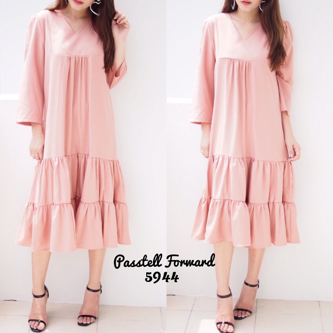 เดรสเกาหลี พร้อมส่ง Dress เดรสคอวี ผ้าทิ้งตัว