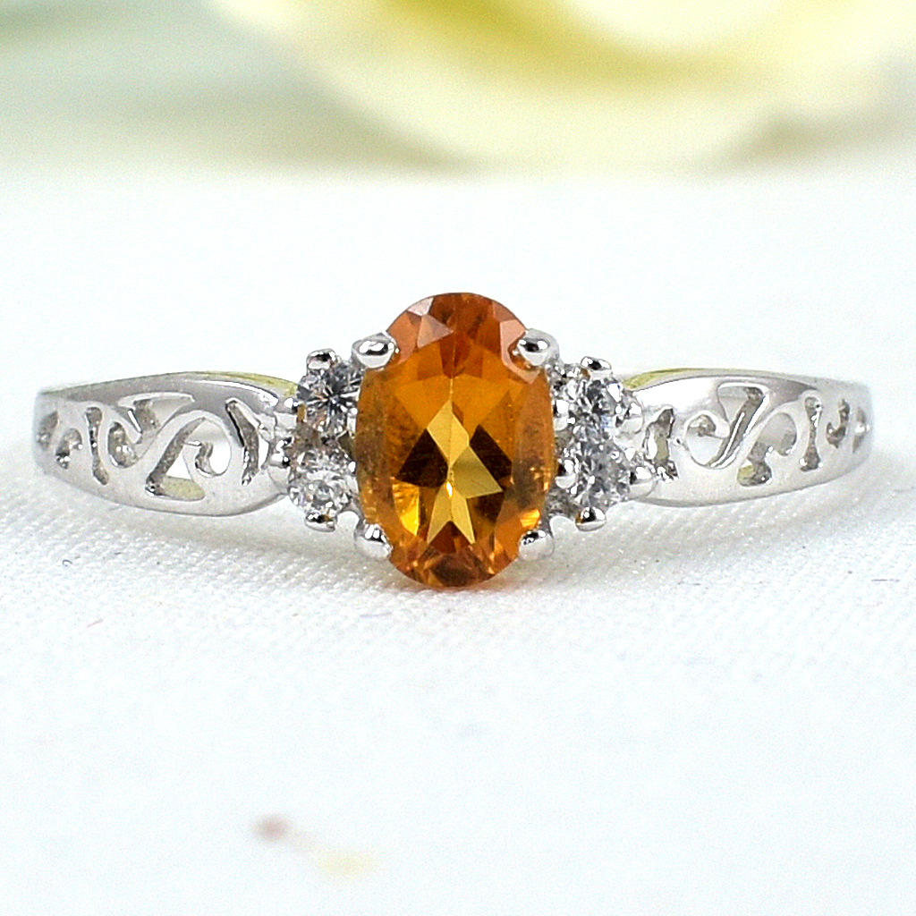 SKJewelryfactory แหวนเงินแท้ 92.5% ฝังพลอยซิทรินแท้ ดีไซด์ตัวเรือนย้อนยุค ER02419-CIT
