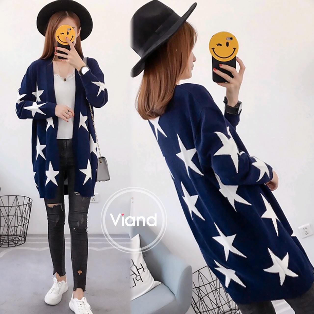 พร้อมส่ง เสื้อคลุมไหมพรมงานหนา ลายดาว