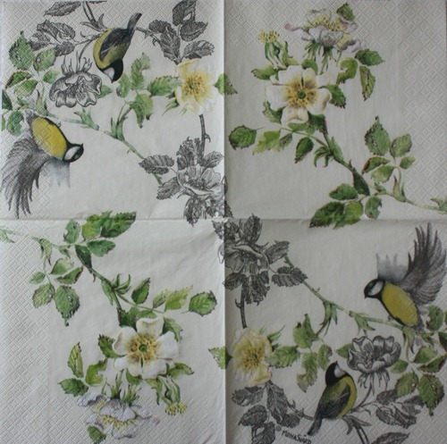 แนวภาพวินเทจ นกคู่ กับดอกไม้ Vintage Bird เป็นภาพแนวยาว กระดาษแนพกิ้นสำหรับทำงาน เดคูพาจ Decoupage Paper Napkins ขนาด 33X33cm