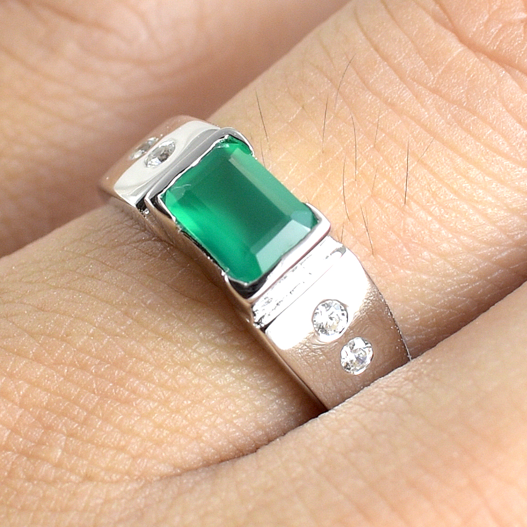 SKJewelryFactory แหวนพลอยเหลี่ยม แหวนเงินแท้ 92.5% ฝังพลอยกรีนอะเกทแท้ ER02351-GAG