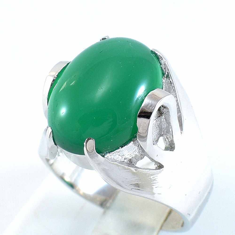 SKJewelryFactory แหวนพลอยหลังเต่าสีเขียว แหวนเงินแท้ฝังพลอยกรีนอะเกทแท้ ER01376-GAC