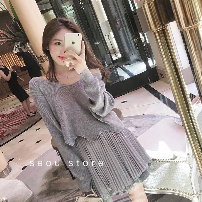 เดรสเกาหลี พร้อมส่ง เดรสสายเดี่ยวกับเสื้อแขนยาว