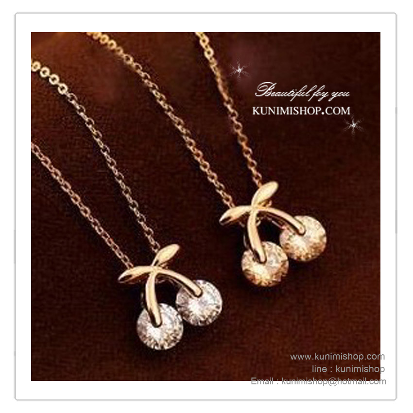 WT048 สร้อยสีทอง ลายโซ่เล็ก มาพร้อมจี้ รูปเชอร์รี่ ประดับด้วยเพชร สีขาว และ สีเหลืองส้ม สวย น่ารัก