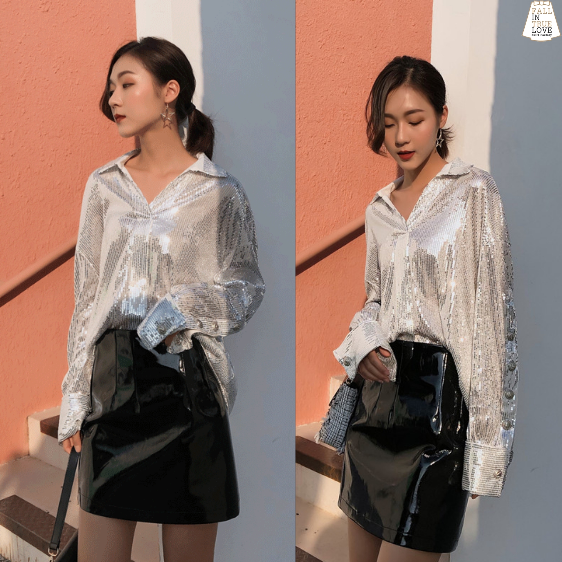 เสื้อเกาหลี พร้อมส่ง เสื้อเชิ้ต เลื่อมวิบวับท้าแสงไฟ