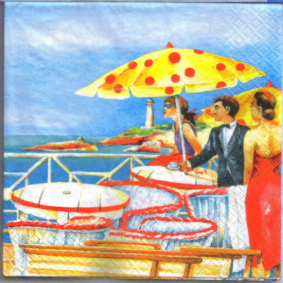 แนวภาพทะเล ทานอาหารริมทะเล Seaside Resturant เป็นภาพแนวยาว กระดาษแนพกิ้นสำหรับทำงาน เดคูพาจ Decoupage Paper Napkins ขนาด 33X33cm