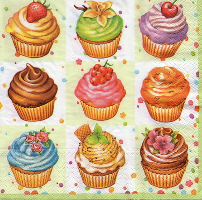 แนวภาพเค้ก คัพเค้กสีหวาน พื้นเขียว Cupcake เป็นภาพแนวยาว กระดาษแนพกิ้นสำหรับทำงาน เดคูพาจ Decoupage Paper Napkins ขนาด 33X33cm