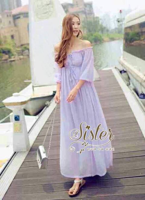พร้อมส่ง แม็กซี่เดรสเปิดไหล่ เนื้อผ้าchiffonมีน้ำหนัก