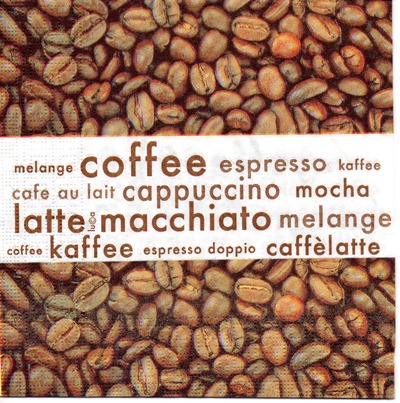 แนวภาพอาหาร ภาพเม็ดกาแฟสด ตัดด้วยขอบขาวพิมพ์ชื่อต่างๆ เกี่ยวกับกาแฟ เป็นภาพโทนสีน้ำตาล เป็นภาพ 4 บล๊อค กระดาษแนพกิ้นสำหรับทำงาน เดคูพาจ Decoupage Paper Napkins ขนาด 33X33cm