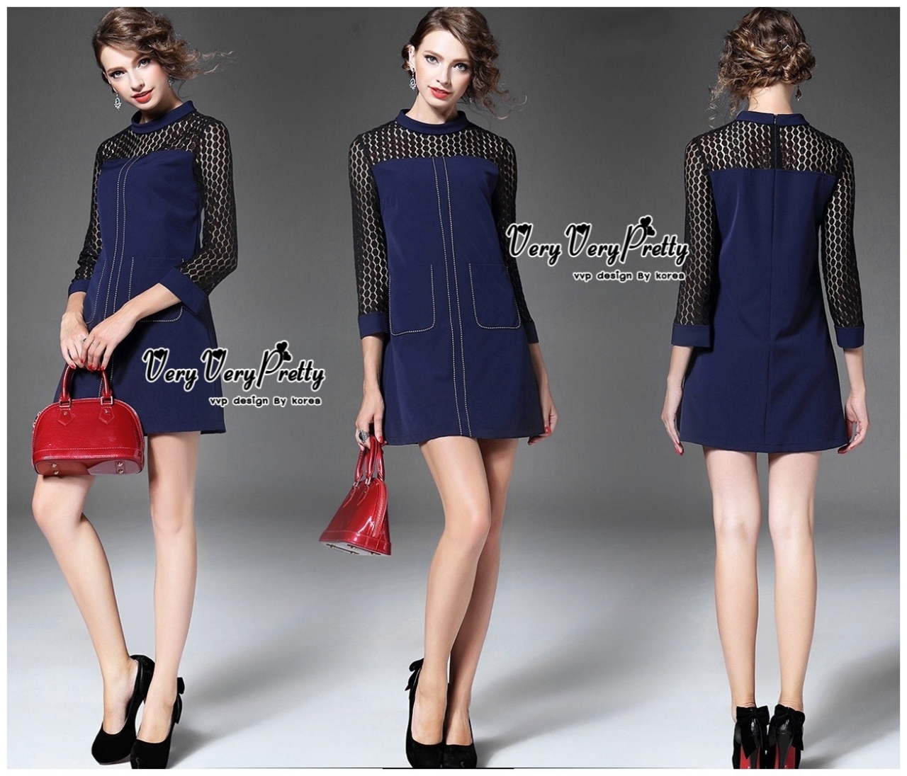 พร้อมส่ง มินิเดรสทรงปล่อย แขนสามส่วนสีน้ำเงินเข้ม