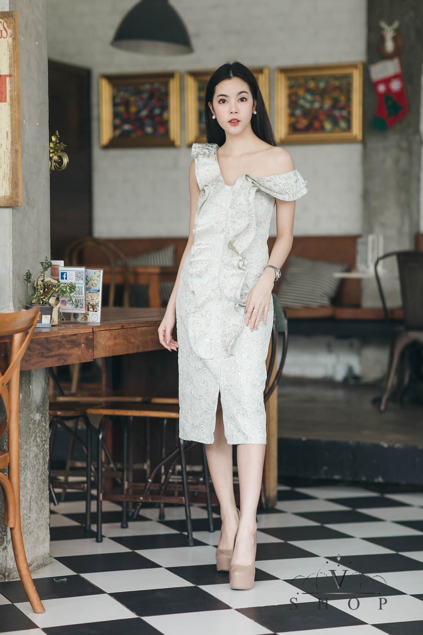 เดรสเกาหลี พร้อมส่ง เดรสยาว ใส่ปาดไหล่ก็ได้หรือสายเดี่ยว