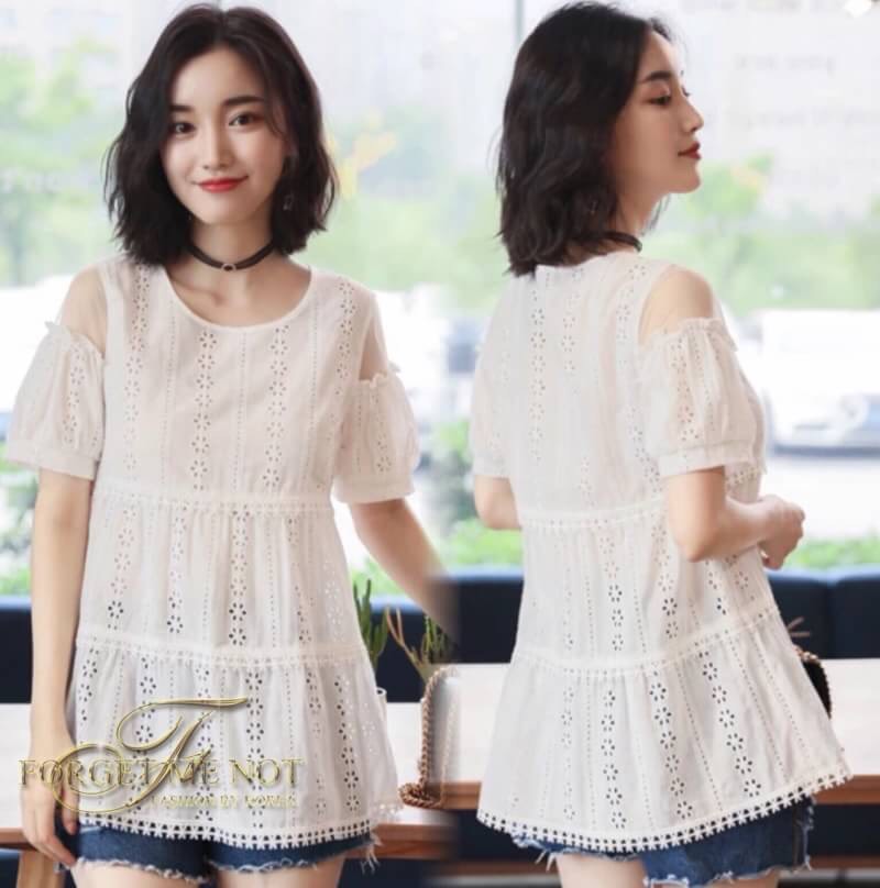 เสื้อเกาหลี พร้อมส่ง เสื้อ เนื้อผ้า cotton ฉลุลายดอกไม้