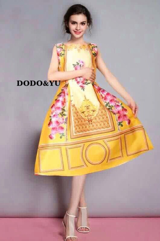 พร้อมส่ง ชุดเดรสผ้าไหมซาตินพิมพ์ลายดิจิตอลสไตล์หลุยส์