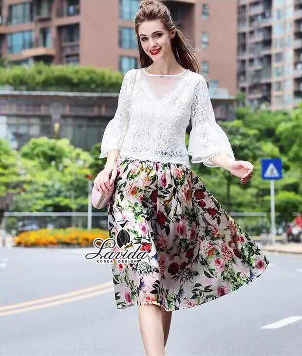 พร้อมส่ง เสื้อกระโปรงดอกไม้แต่งแขนระบาย