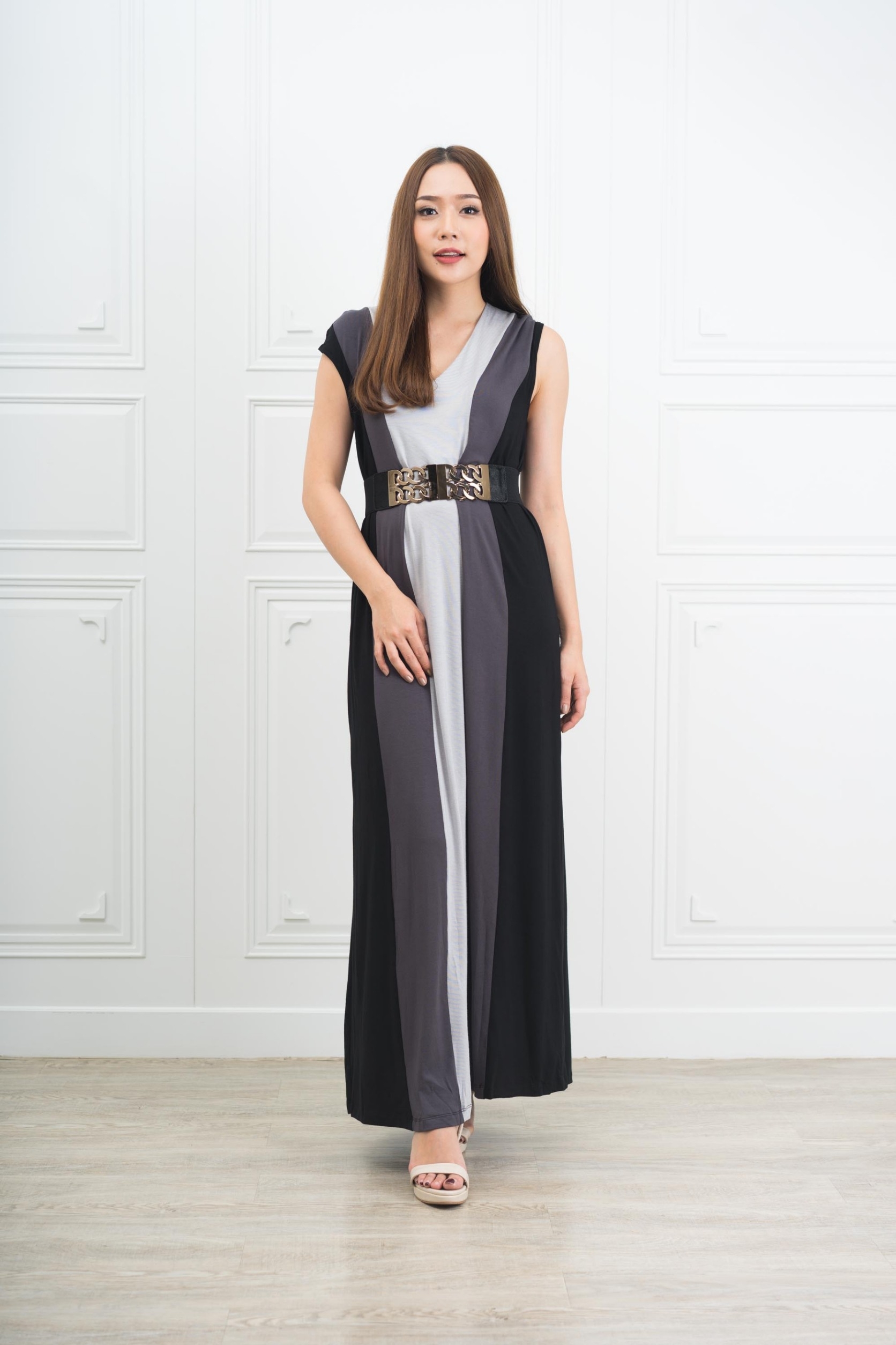 เดรสเกาหลี พร้อมส่ง เดรสยาว เนื้อผ้า Rayon Spandex