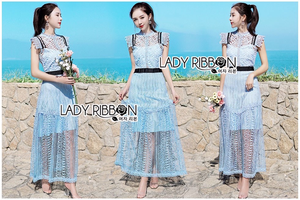 ชุดเดรสลูกไม้ พร้อมส่ง เดรสยาว ผ้าลูกไม้สีฟ้าอ่อน