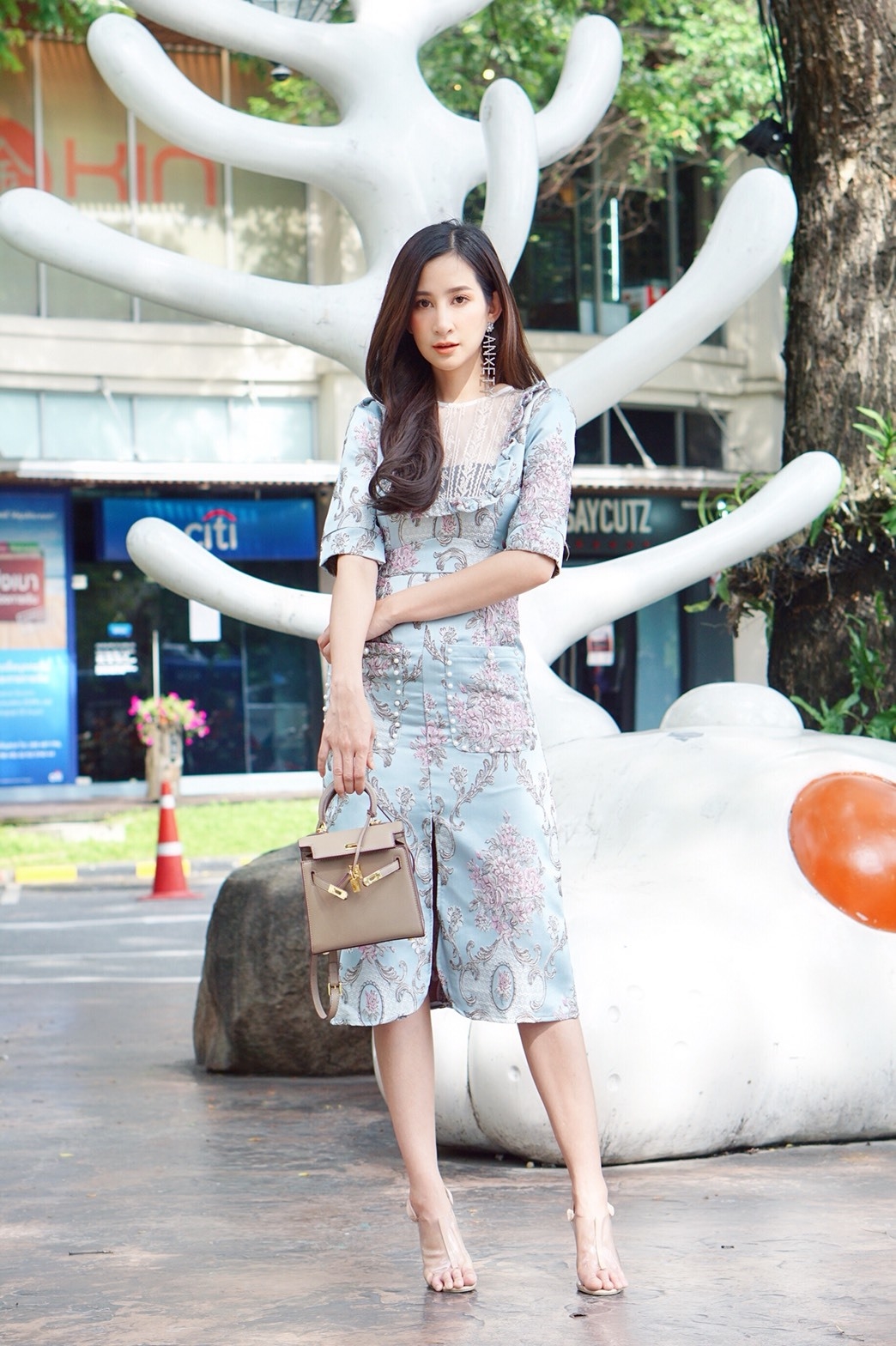 ชุดเดรสเกาหลี พร้อมส่ง เดรสผ้าทอ สีฟ้า