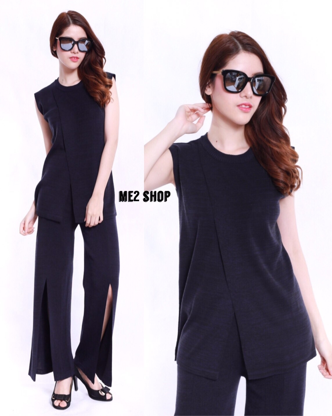 เสื้อผ้าเกาหลี พร้อมส่ง เสื้อหน้าไขว้กับกางเกงขาบานผ่าหน้า