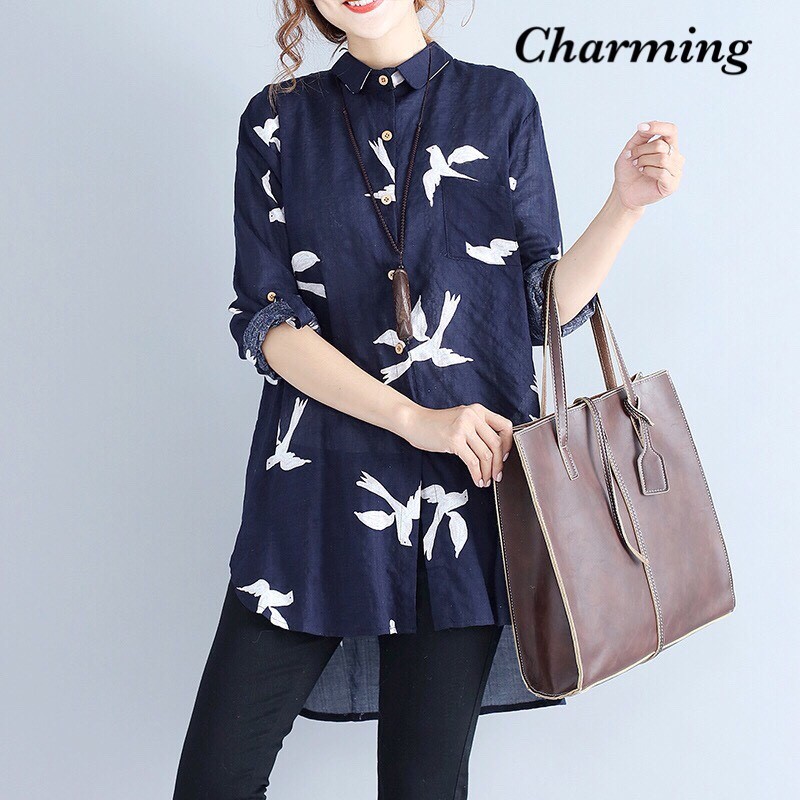 เสื้อเกาหลี พร้อมส่ง เชิ้ตตัวยาว ปริ้นท์สีลายนก