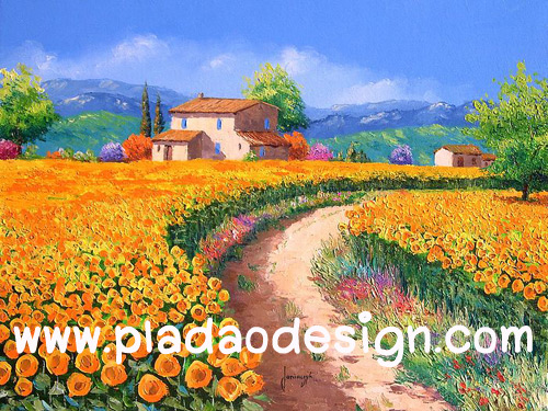 กระดาษสาพิมพ์ลาย สำหรับทำงาน เดคูพาจ Decoupage แนวภาำพ ภาพวาดสีสันสดใส บ้านหลังน้อยปลายเนิน ตั้งอยู่ท่ามกลางทุ่งดอกไม้สีส้มทั้งทุ่ง สวยมากๆ (ปลาดาวดีไซน์)