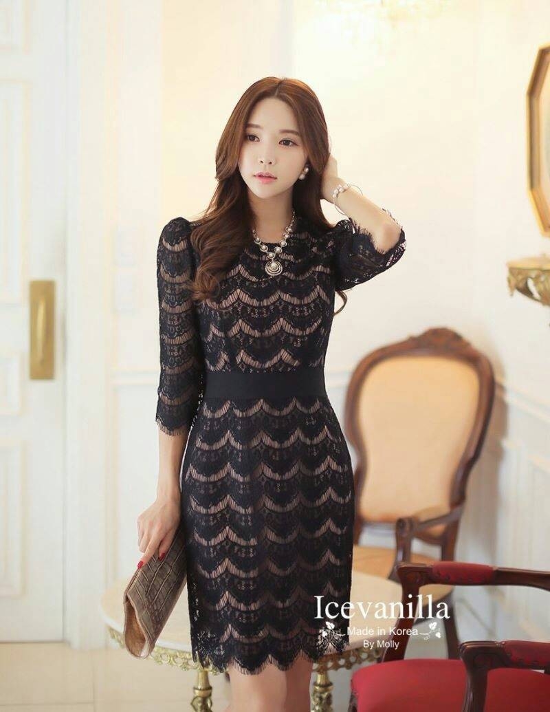 พร้อมส่ง เดรสลูกไม้ทอลายสีดำ สวยหรูดูดี