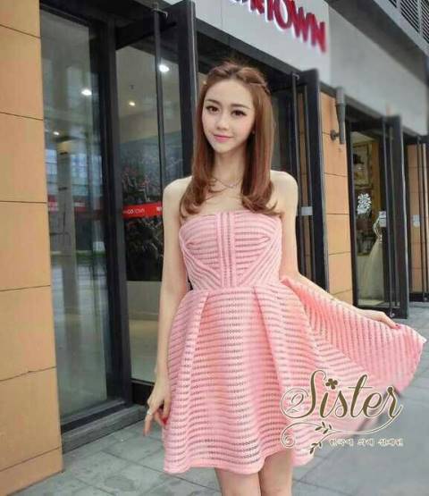 พร้อมส่ง เดรสสั้นเกาะอก เนื้อผ้าspandexลายขวาง